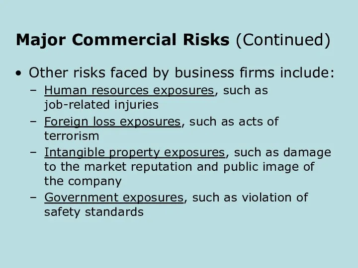 Major Commercial Risks (Continued) Other risks faced by business firms include: Human