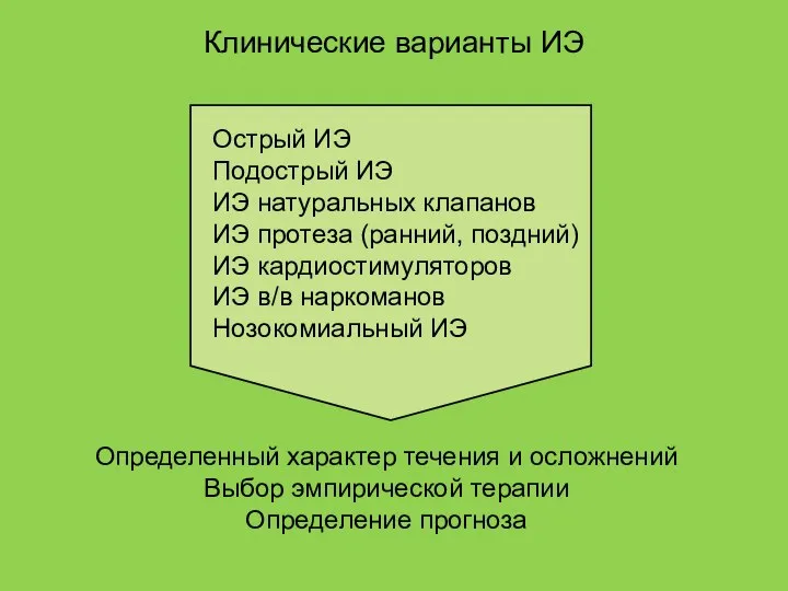 Клинические варианты ИЭ Острый ИЭ Подострый ИЭ ИЭ натуральных клапанов ИЭ протеза