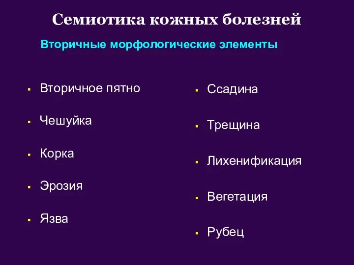 Вторичное пятно Чешуйка Корка Эрозия Язва Семиотика кожных болезней Вторичные морфологические элементы