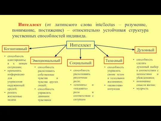 Интеллект (от латинского слова intellectus – разумение, понимание, постижение) – относительно устойчивая