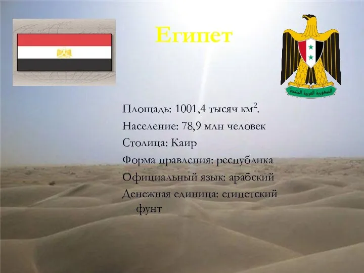 Египет Площадь: 1001,4 тысяч км2. Население: 78,9 млн человек Столица: Каир Форма