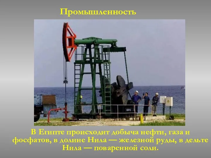 В Египте происходит добыча нефти, газа и фосфатов, в долине Нила —