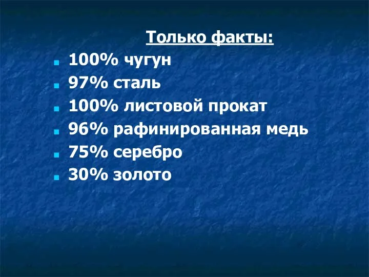 Только факты: 100% чугун 97% сталь 100% листовой прокат 96% рафинированная медь 75% серебро 30% золото