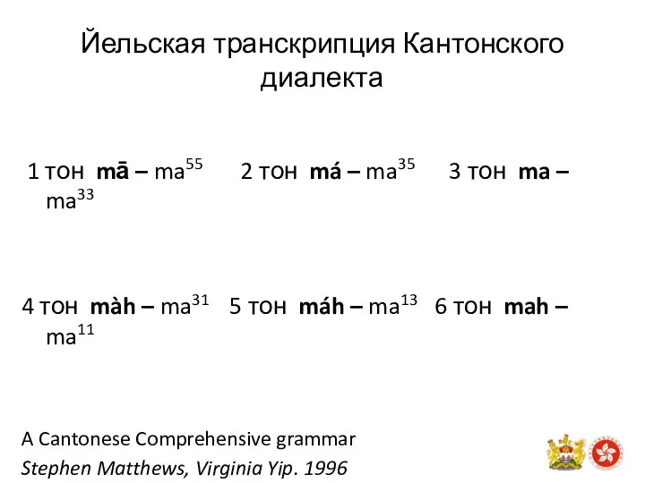 Йельская транскрипция Кантонского диалекта 1 тон mā – ma55 2 тон má