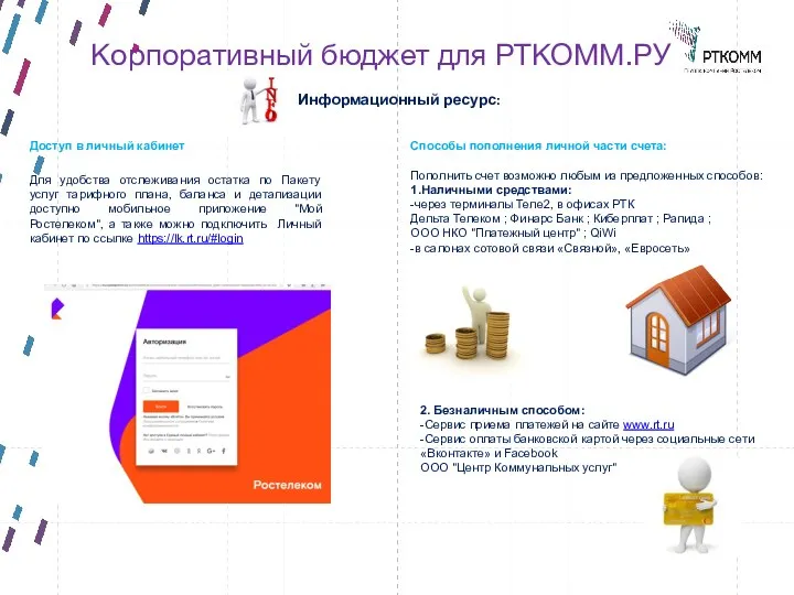 Корпоративный бюджет для РТКОММ.РУ Способы пополнения личной части счета: Пополнить счет возможно