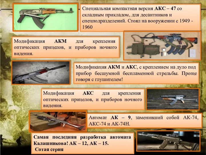 Специальная компактная версия АКС – 47 со складным прикладом, для десантников и