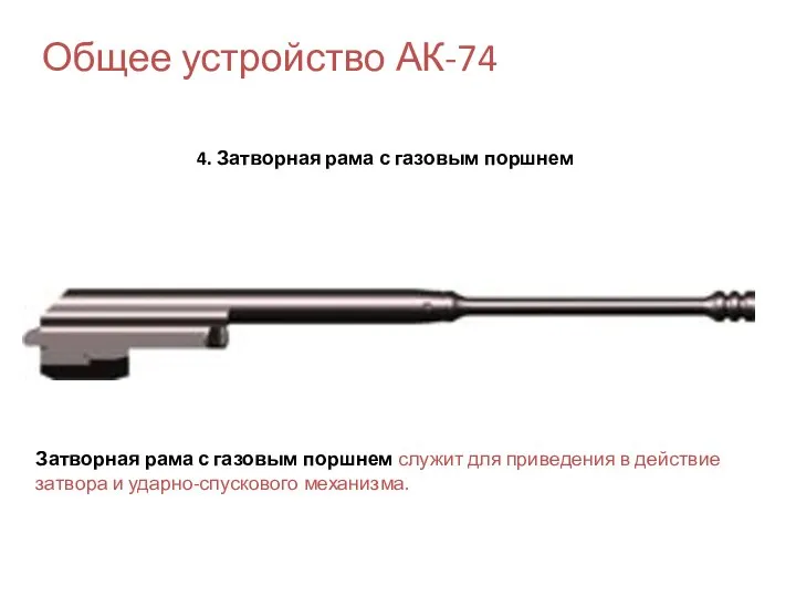 Общее устройство АК-74 4. Затворная рама с газовым поршнем Затворная рама с