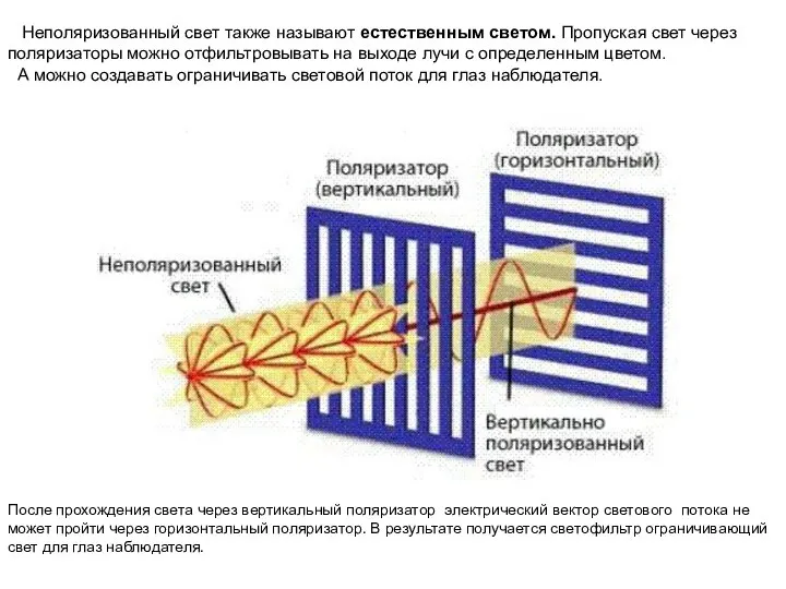 Неполяризованный свет также называют естественным светом. Пропуская свет через поляризаторы можно отфильтровывать