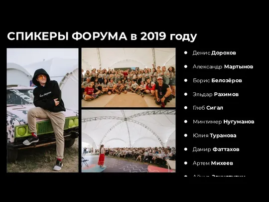 СПИКЕРЫ ФОРУМА в 2019 году Денис Дорохов Александр Мартынов Борис Белозёров Эльдар