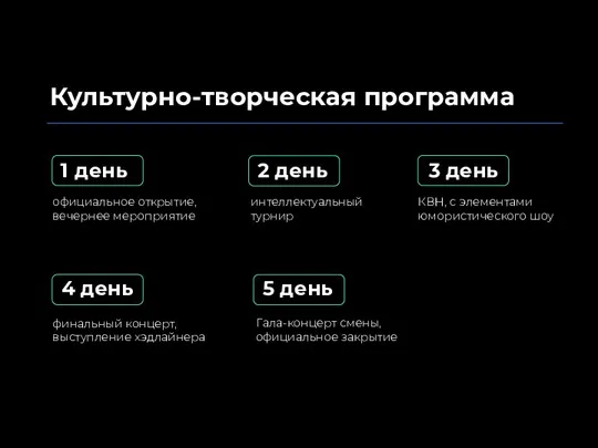 Культурно-творческая программа 1 день официальное открытие, вечернее мероприятие 2 день интеллектуальный турнир