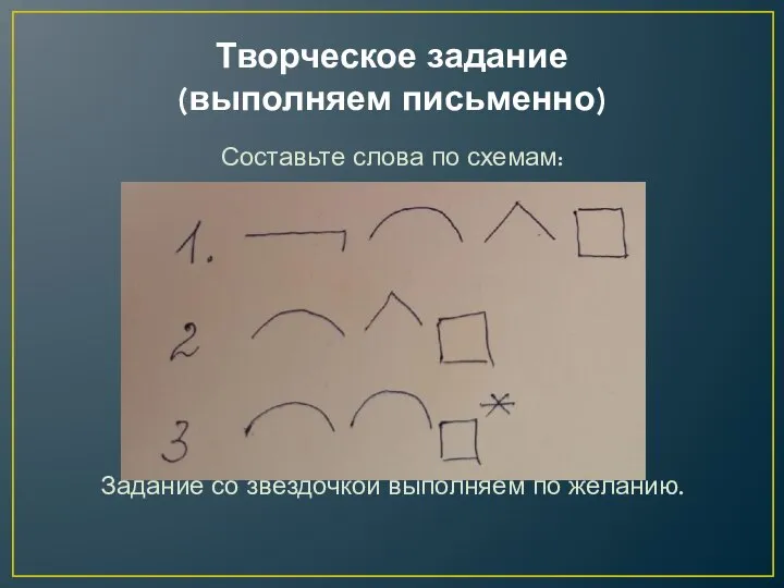 Творческое задание (выполняем письменно) Составьте слова по схемам: Задание со звездочкой выполняем по желанию.