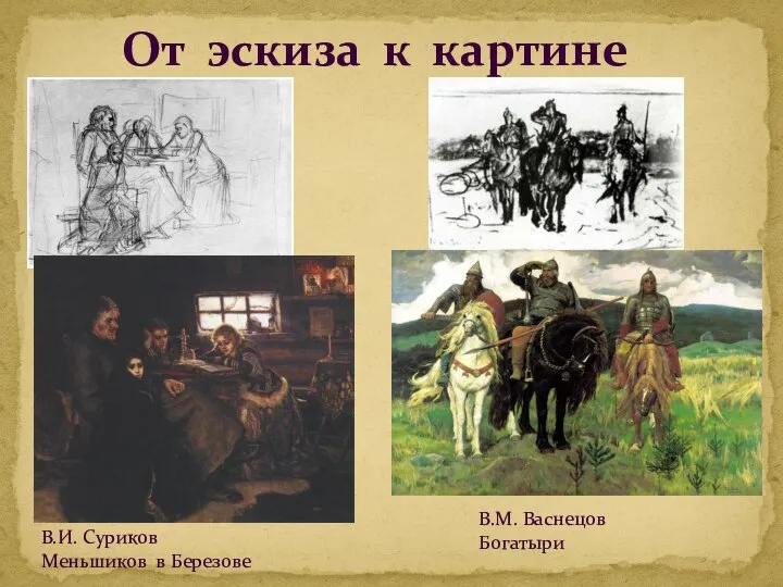 От эскиза к картине В.И. Суриков Меньшиков в Березове В.М. Васнецов Богатыри