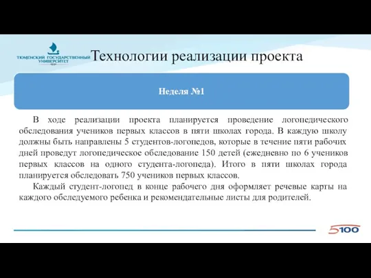 Технологии реализации проекта В ходе реализации проекта планируется проведение логопедического обследования учеников