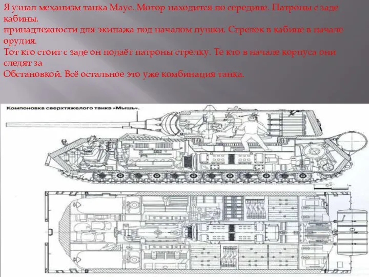 Я узнал механизм танка Маус. Мотор находится по середине. Патроны с заде