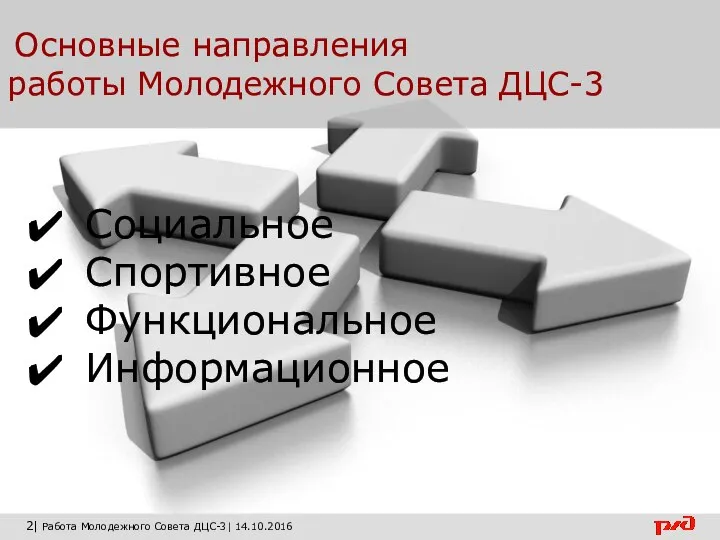 Основные направления работы Молодежного Совета ДЦС-3 2| Работа Молодежного Совета ДЦС-3| 14.10.2016 Социальное Спортивное Функциональное Информационное