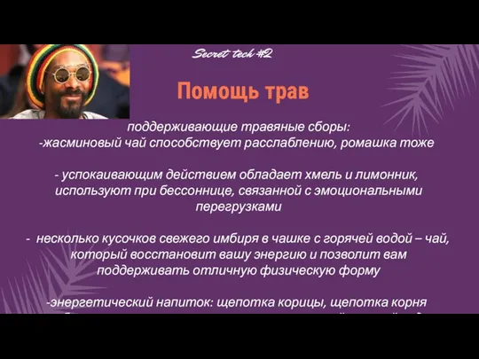 поддерживающие травяные сборы: жасминовый чай способствует расслаблению, ромашка тоже успокаивающим действием обладает