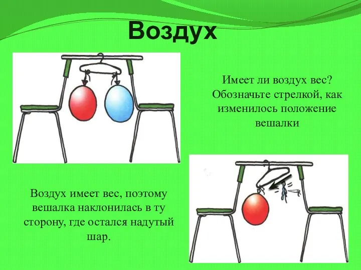 Воздух Имеет ли воздух вес? Обозначьте стрелкой, как изменилось положение вешалки Воздух