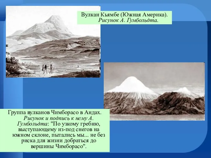 Вулкан Кьямбе (Южная Америка). Рисунок А. Гумбольдта. Группа вулканов Чимборасо в Андах.