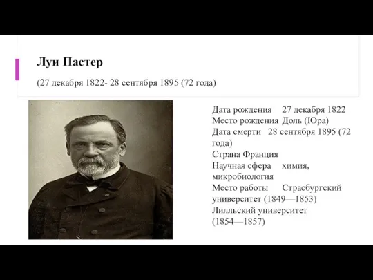 Луи Пастер (27 декабря 1822- 28 сентября 1895 (72 года) Дата рождения