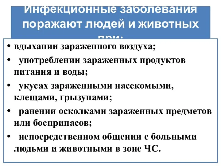 Инфекционные заболевания поражают людей и животных при: вдыхании зараженного воздуха; употреблении зараженных