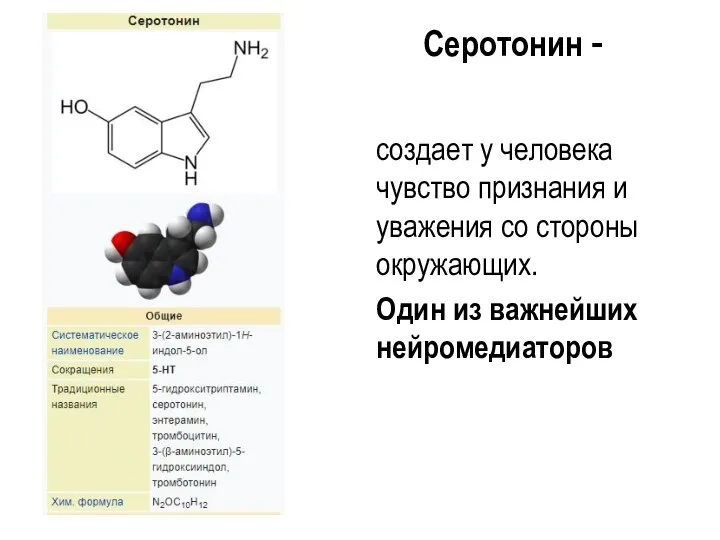 Серотонин - создает у человека чувство признания и уважения со стороны окружающих. Один из важнейших нейромедиаторов