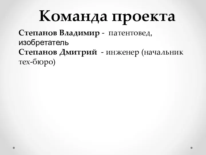 Команда проекта Степанов Владимир - патентовед, изобретатель Степанов Дмитрий - инженер (начальник тех-бюро)