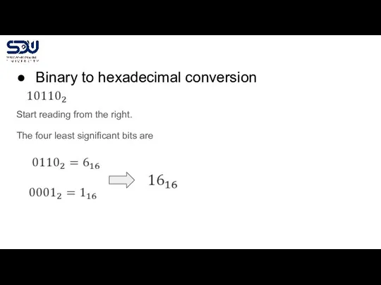 Binary to hexadecimal conversion Start reading from the right. The four least significant bits are