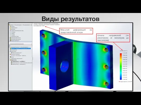 Виды результатов Шкала напряжений (по умолчанию от минимума до максимума) Масштаб деформаций на представленной эпюре