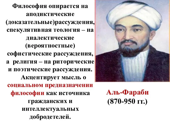 Аль-Фараби (870-950 гг.) Философия опирается на аподиктические (доказательные)рассуждения, спекулятивная теология – на