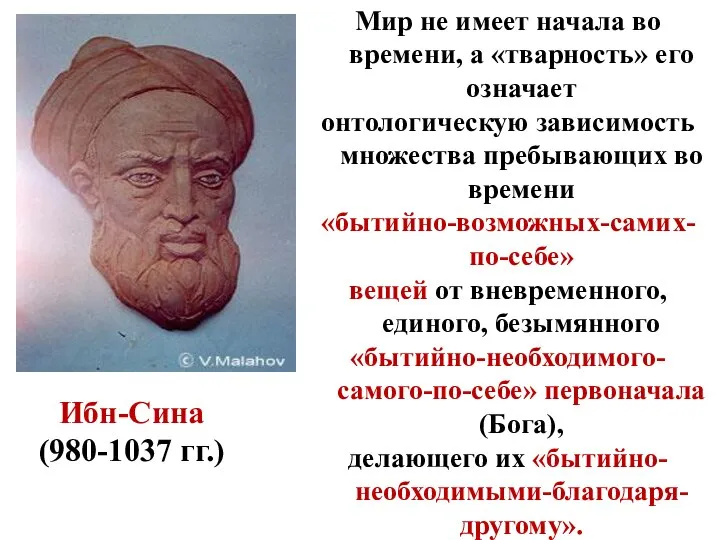 Ибн-Сина (980-1037 гг.) Мир не имеет начала во времени, а «тварность» его