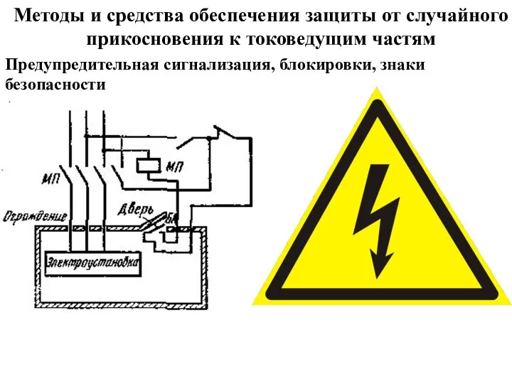 Методы и средства обеспечения защиты от случайного прикосновения к токоведущим частям Предупредительная сигнализация, блокировки, знаки безопасности