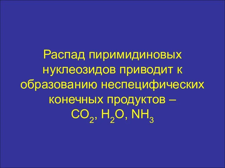 Распад пиримидиновых нуклеозидов приводит к образованию неспецифических конечных продуктов – СО2, Н2О, NH3