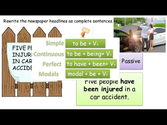Rewrite the newspaper headlines as complete sentences. Present Perfect Passive Five people