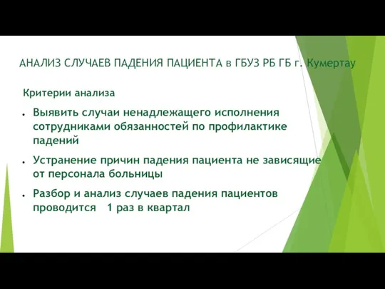 АНАЛИЗ СЛУЧАЕВ ПАДЕНИЯ ПАЦИЕНТА в ГБУЗ РБ ГБ г. Кумертау Критерии анализа