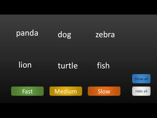 Fast Medium Slow Hide all Show all panda dog zebra lion turtle fish
