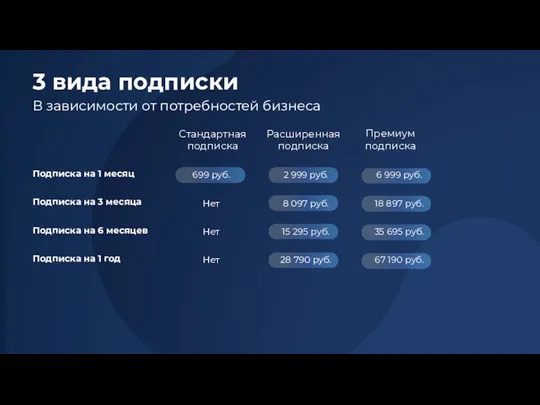 3 вида подписки В зависимости от потребностей бизнеса Подписка на 1 месяц