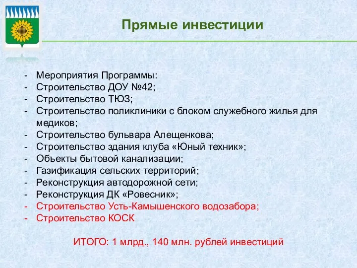 Прямые инвестиции Мероприятия Программы: Строительство ДОУ №42; Строительство ТЮЗ; Строительство поликлиники с