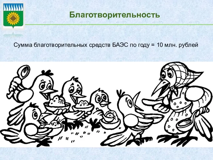 Благотворительность Сумма благотворительных средств БАЭС по году = 10 млн. рублей