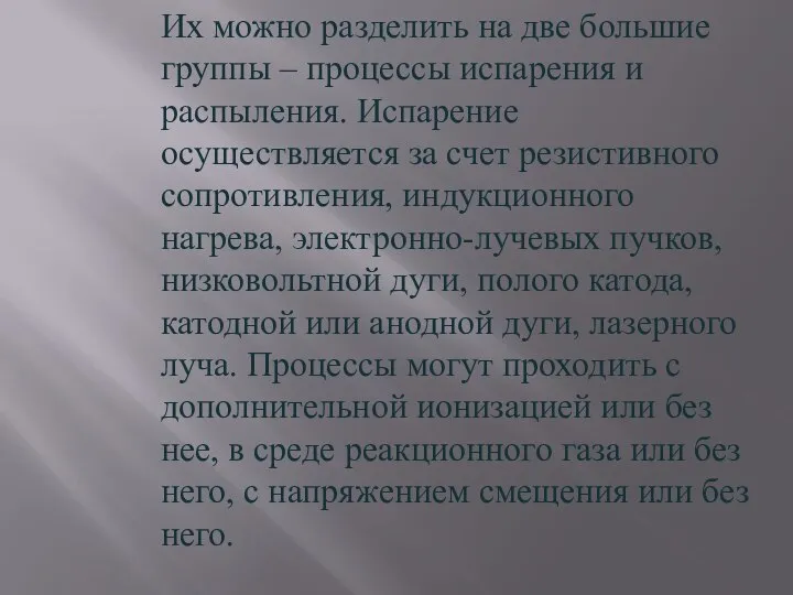 Их можно разделить на две большие группы – процессы испарения и распыления.