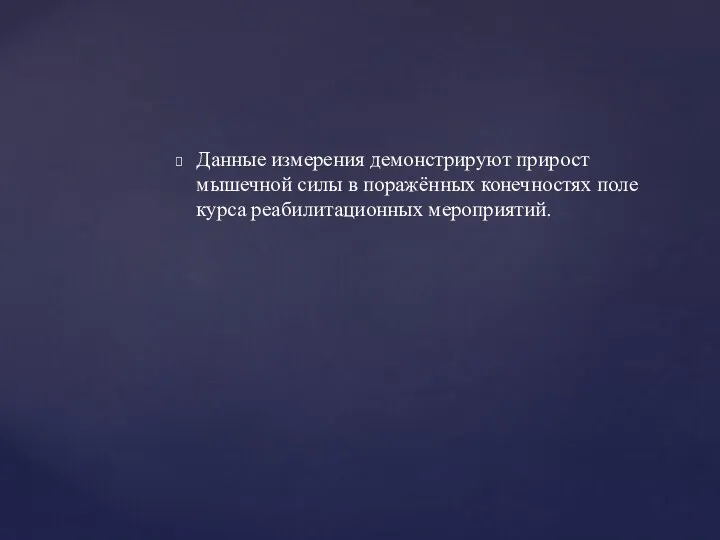 Данные измерения демонстрируют прирост мышечной силы в поражённых конечностях поле курса реабилитационных мероприятий.