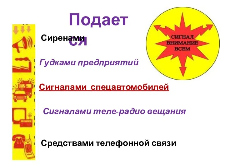 Подается Сиренами Гудками предприятий Сигналами спецавтомобилей Сигналами теле-радио вещания Средствами телефонной связи