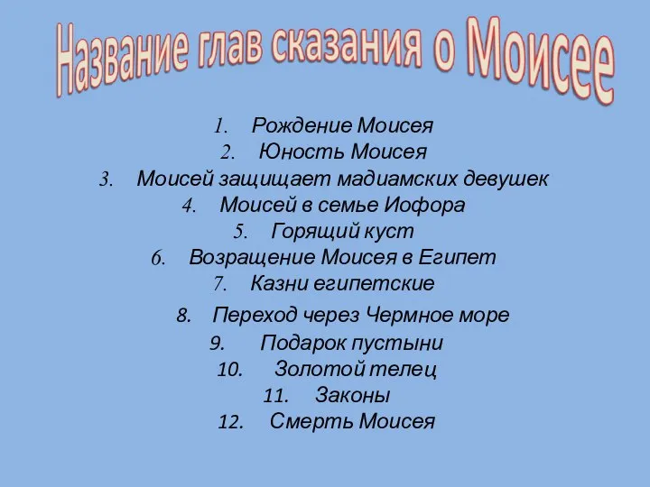 Рождение Моисея Юность Моисея Моисей защищает мадиамских девушек Моисей в семье Иофора