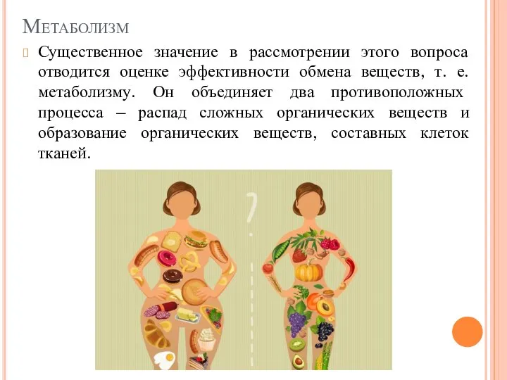 Метаболизм Существенное значение в рассмотрении этого вопроса отводится оценке эффективности обмена веществ,