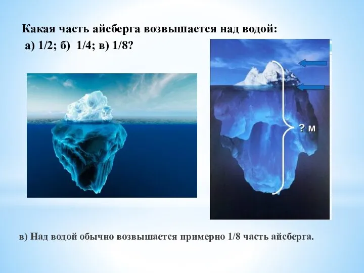 Какая часть айсберга возвышается над водой: а) 1/2; б) 1/4; в) 1/8?