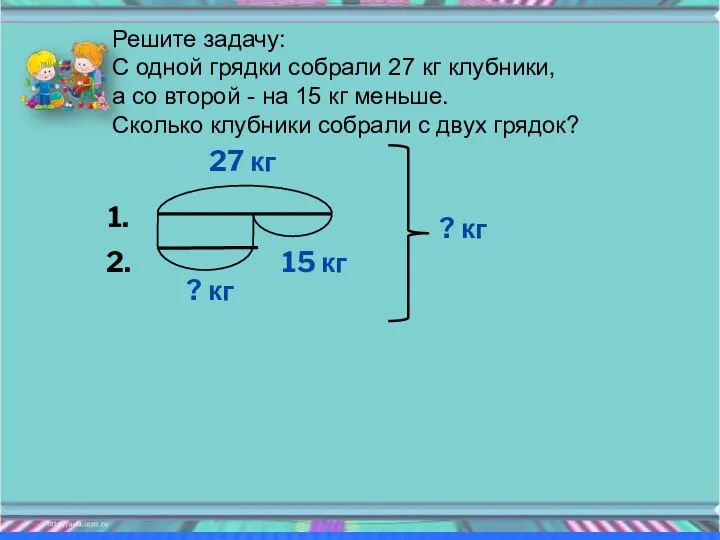 1. ? кг 15 кг 27 кг ? кг 2. Решите задачу: