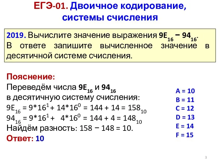 ЕГЭ-01. Двоичное кодирование, системы счисления Пояснение: Переведём числа 9E16 и 9416 в