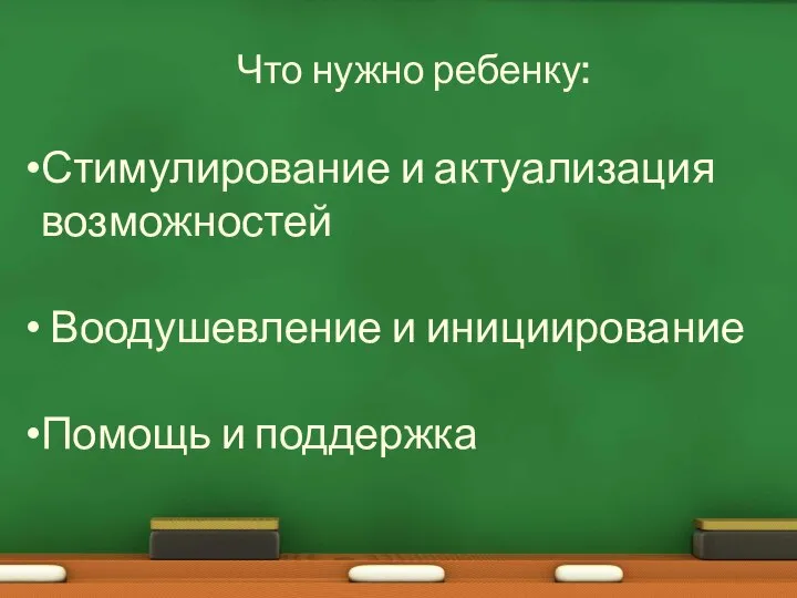 Что нужно ребенку: Стимулирование и актуализация возможностей Воодушевление и инициирование Помощь и поддержка