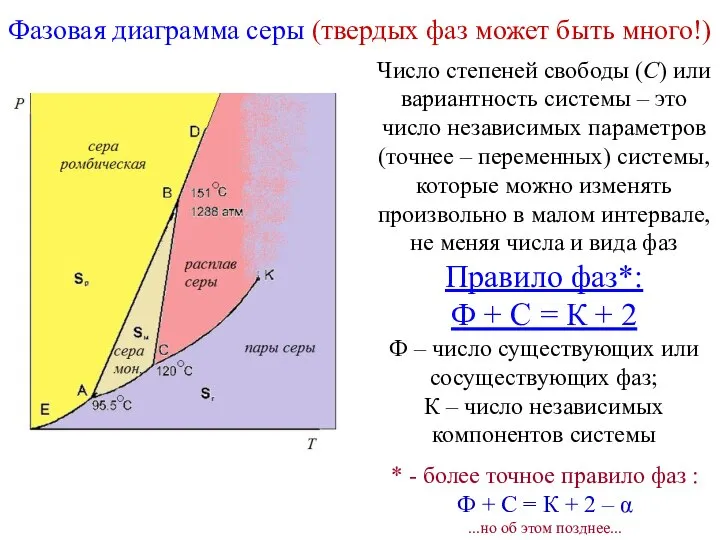 Фазовая диаграмма серы (твердых фаз может быть много!) Число степеней свободы (С)