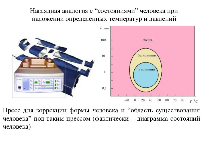 Наглядная аналогия с “состояниями” человека при наложении определенных температур и давлений Пресс