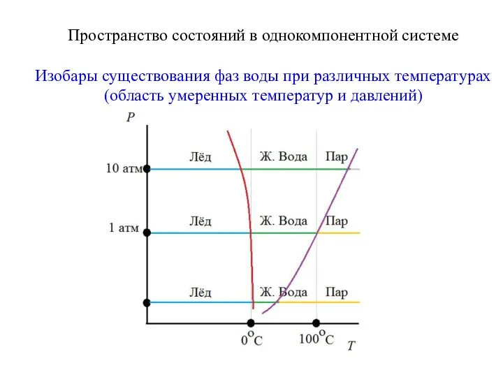 Пространство состояний в однокомпонентной системе Изобары существования фаз воды при различных температурах